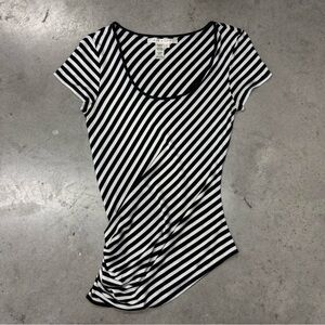 2000s Max Studio Ruched Diagonal Striped Black and White Tee